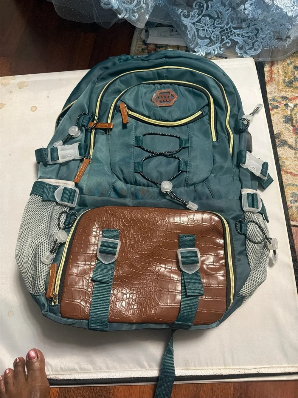 Men's Teal Backpack with Brown Accent and Multiple Compartments